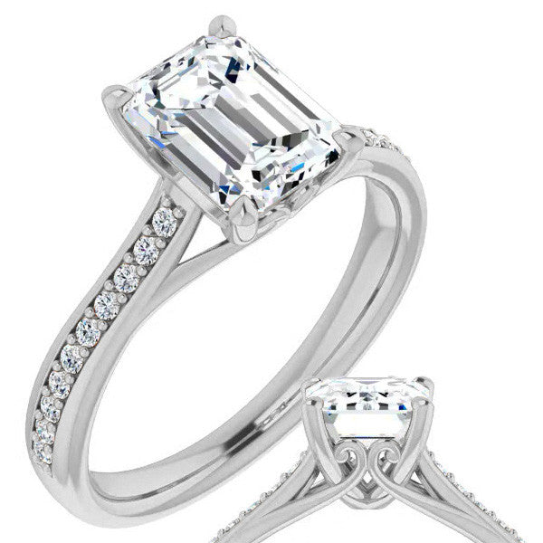 Emerald / Radiant cut Moissanite Scroll Engagement Ring