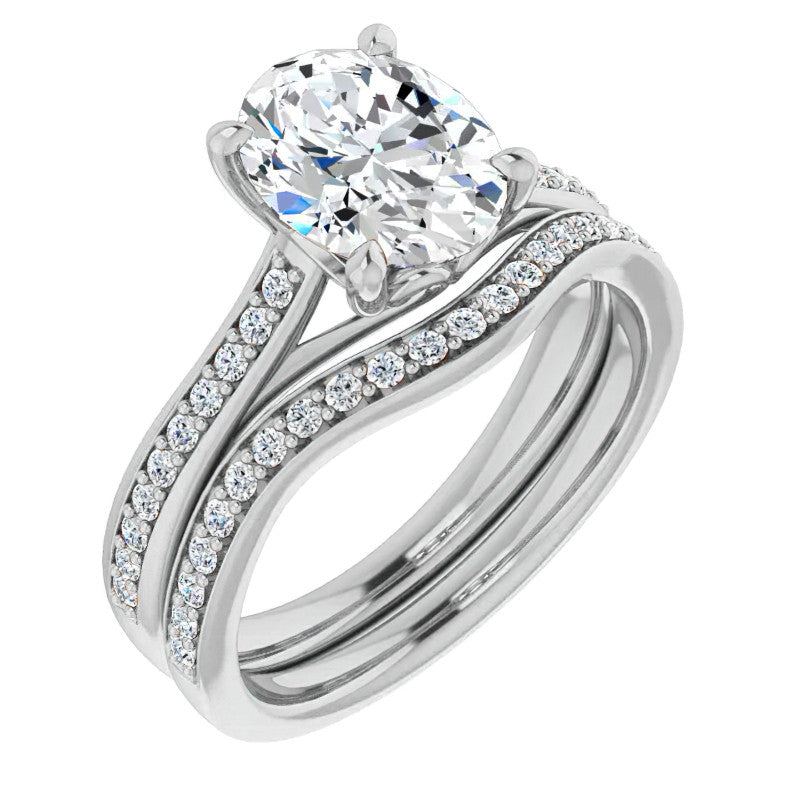 Oval Cathedral Engagement Ring with Scroll Accents