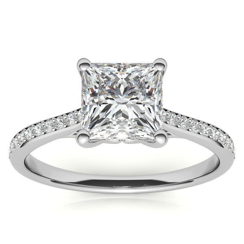 Princess Cathedral Engagement Ring with Scroll Accents