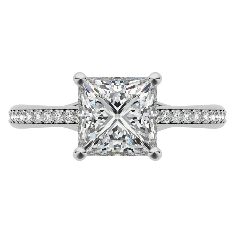 Princess Cathedral Engagement Ring with Scroll Accents