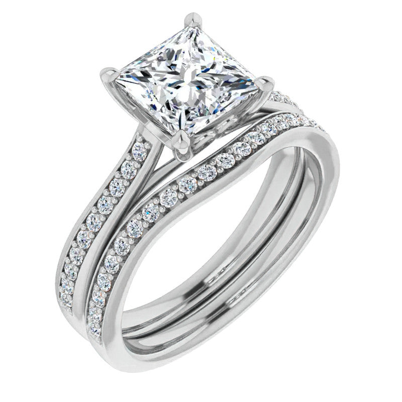 Princess Cathedral Engagement Ring with Scroll Accents