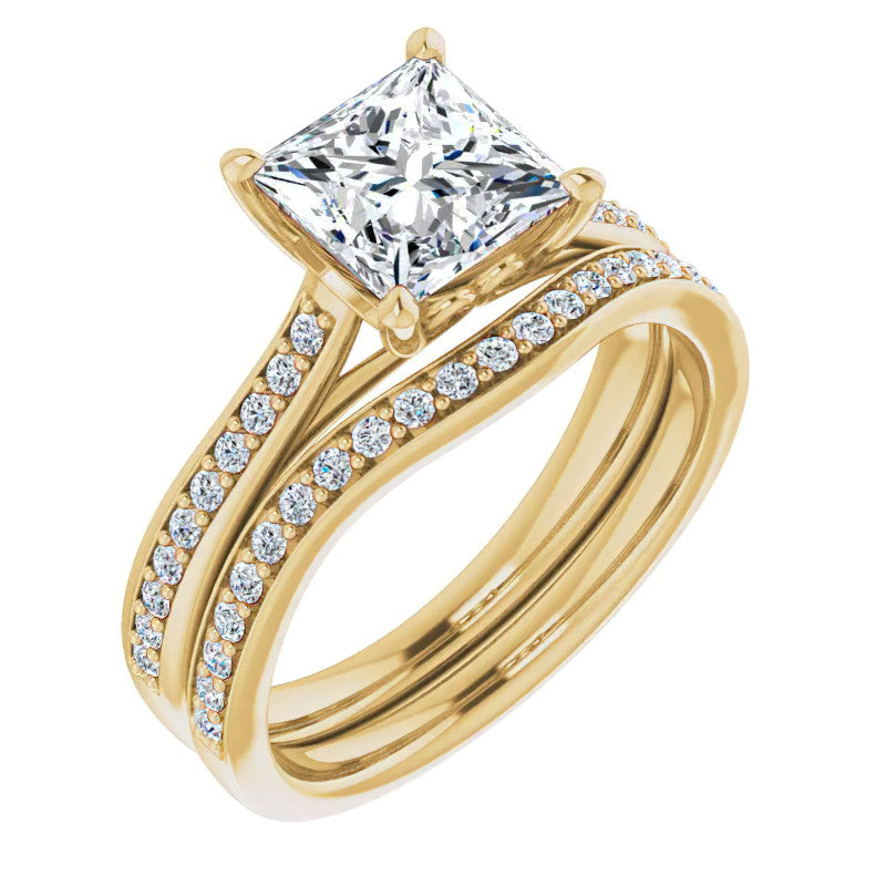 Princess Cathedral Engagement Ring with Scroll Accents