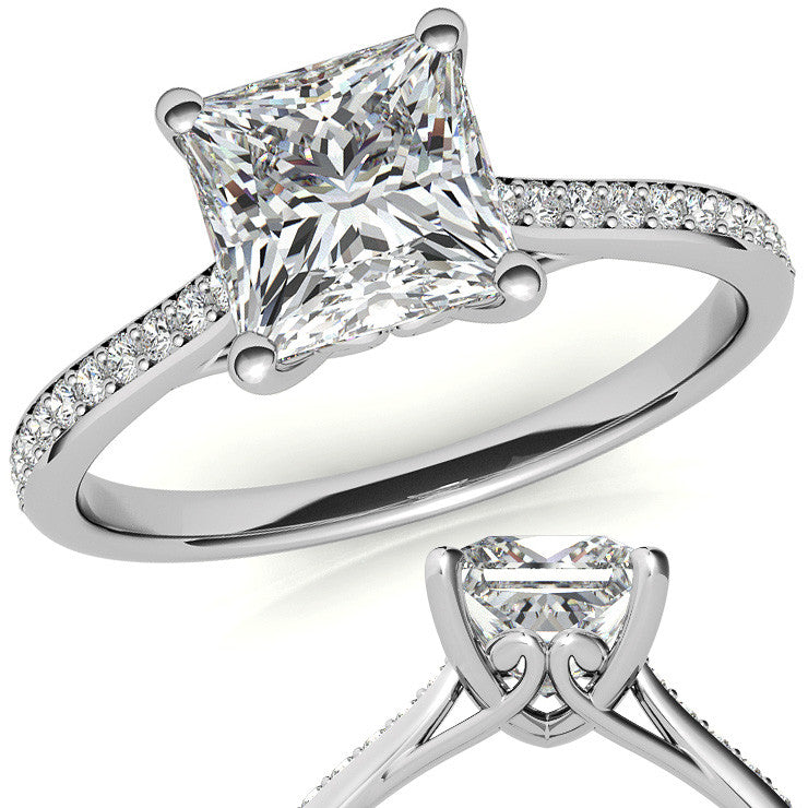 Princess Cathedral Engagement Ring with Scroll Accents