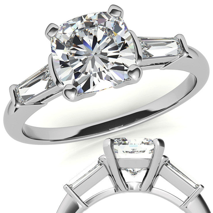 Cushion & Baguette Moissanite Engagement Ring