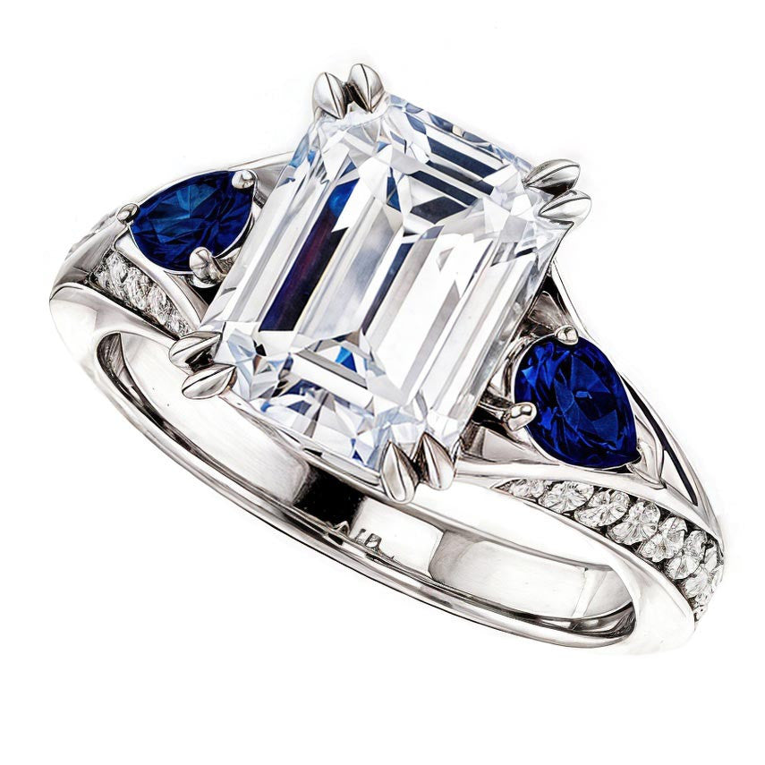 Emerald Moissanite & Pear Blue Sapphire Engagement Ring
