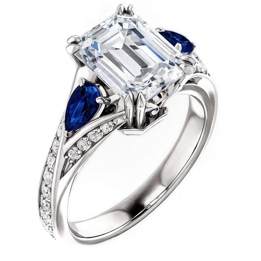 Emerald Moissanite & Pear Blue Sapphire Engagement Ring