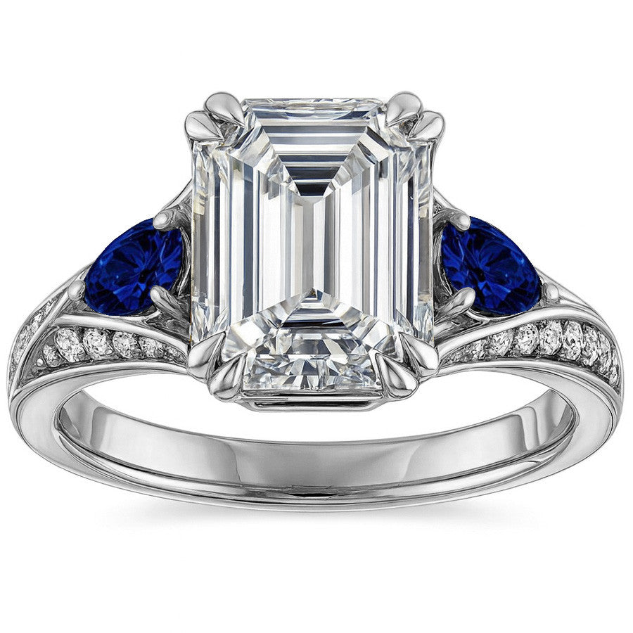 Emerald Moissanite & Pear Blue Sapphire Engagement Ring