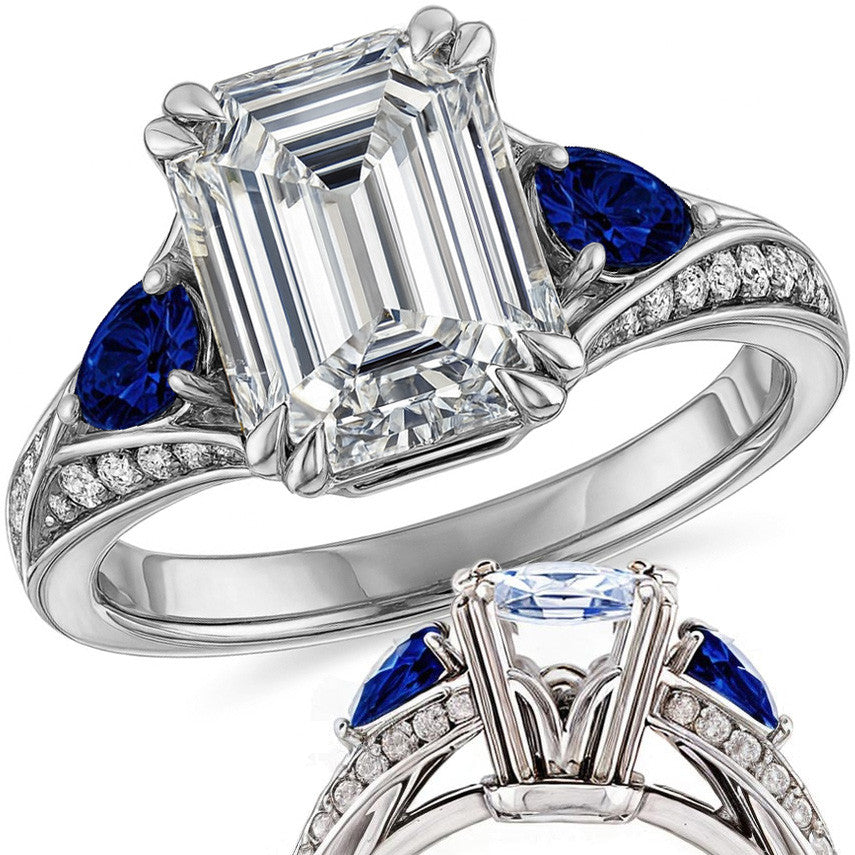 Emerald Moissanite & Pear Blue Sapphire Engagement Ring