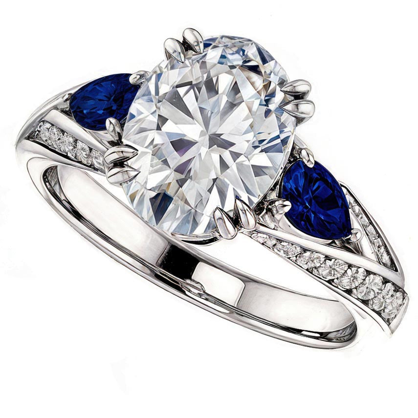 Oval Cut Moissanite & Pear Gemstone Engagement Ring