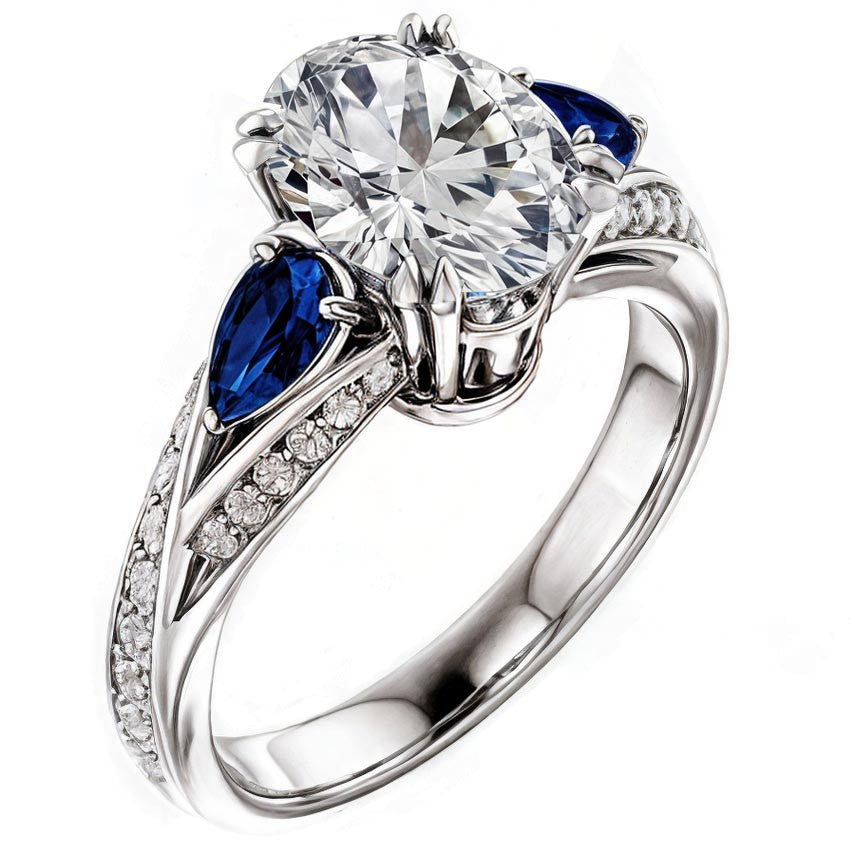 Oval Cut Moissanite & Pear Gemstone Engagement Ring
