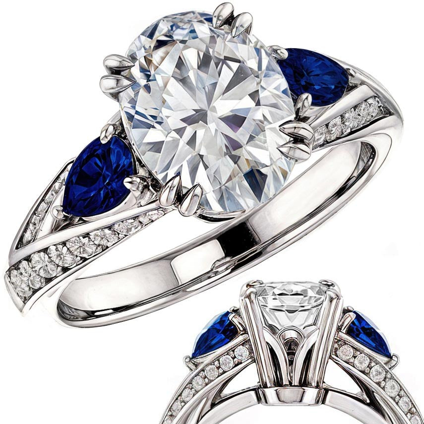 Oval Cut Moissanite & Pear Gemstone Engagement Ring