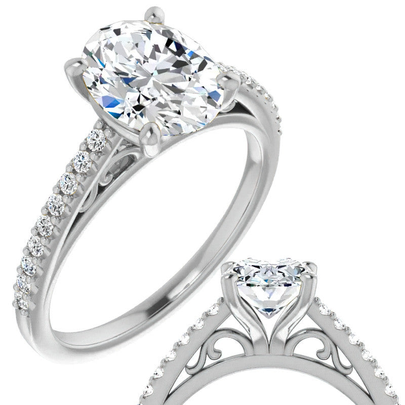 Oval Cathedral Engagement Ring with Scroll Accent