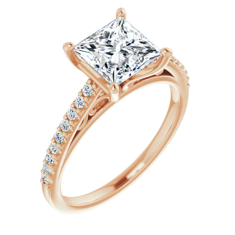 Princess cut Cathedral Engagement Ring with Scroll Accents
