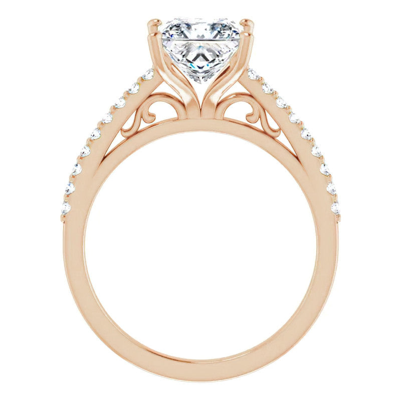 Princess cut Cathedral Engagement Ring with Scroll Accents