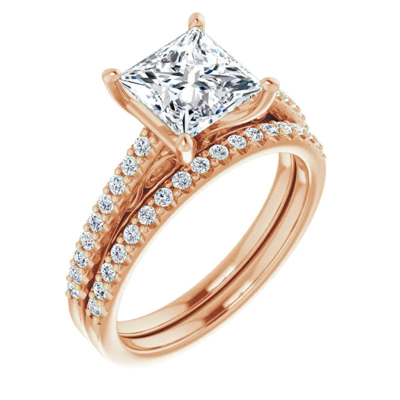 Princess cut Cathedral Engagement Ring with Scroll Accents