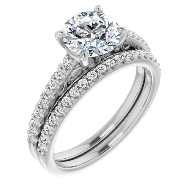 Round Cathedral Engagement Ring with Scroll Accents