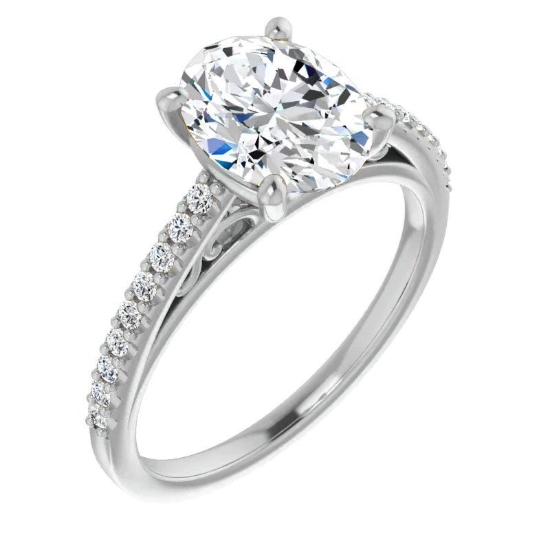 Oval Cathedral Engagement Ring with Scroll Accent