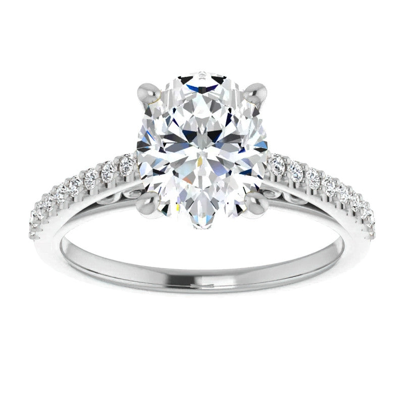 Oval Cathedral Engagement Ring with Scroll Accent