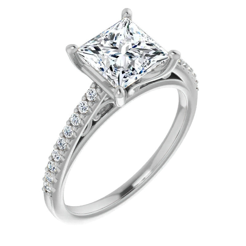 Princess cut Cathedral Engagement Ring with Scroll Accents