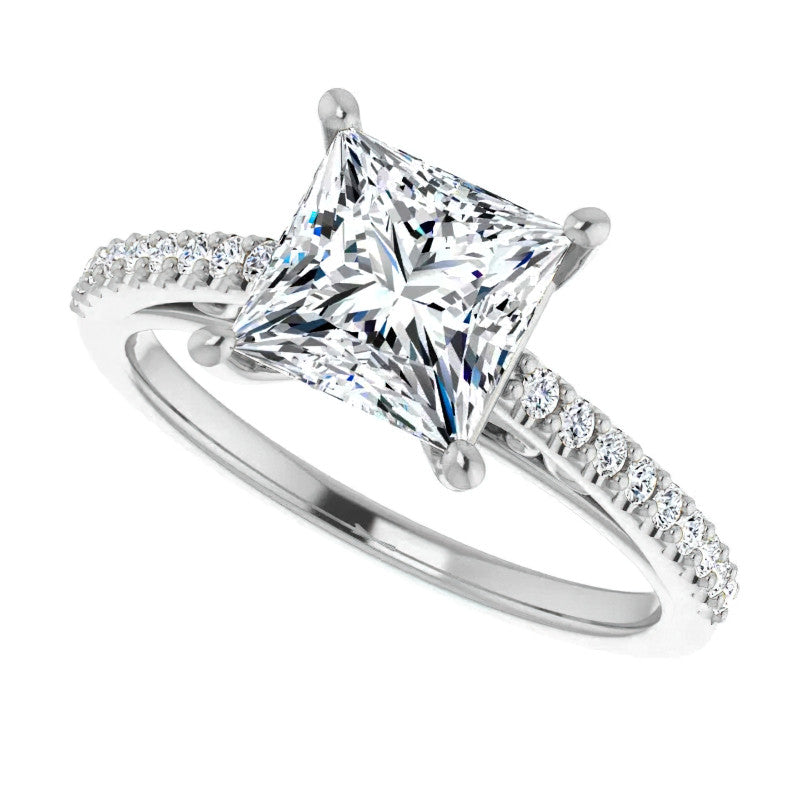 Princess cut Cathedral Engagement Ring with Scroll Accents