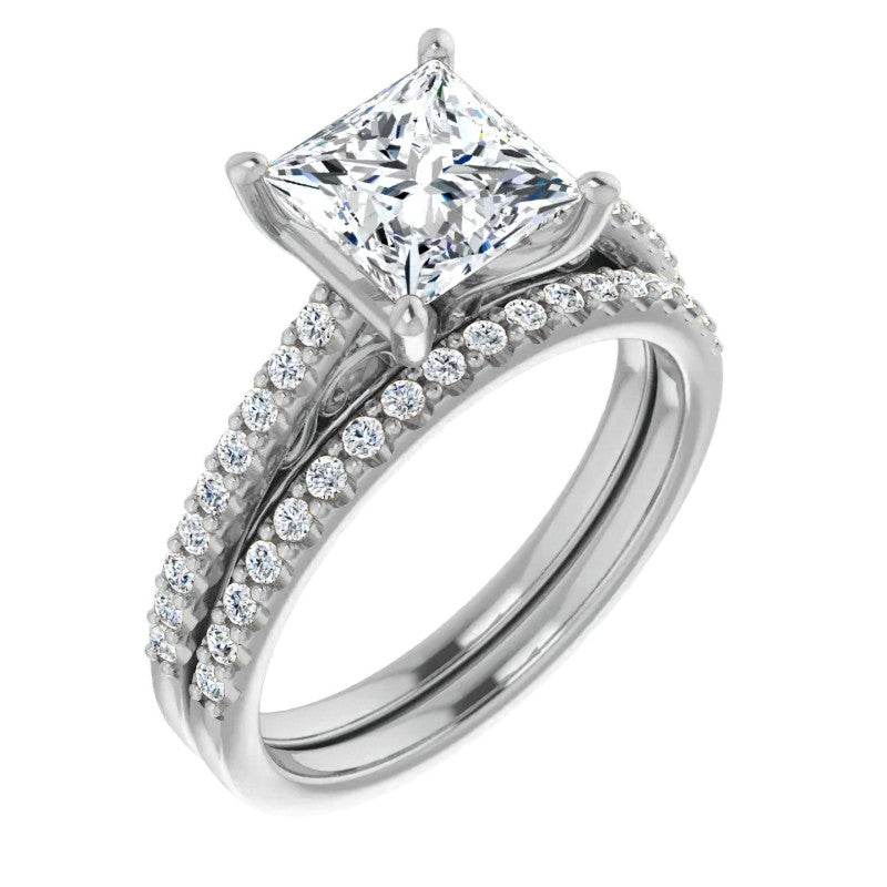 Princess cut Cathedral Engagement Ring with Scroll Accents