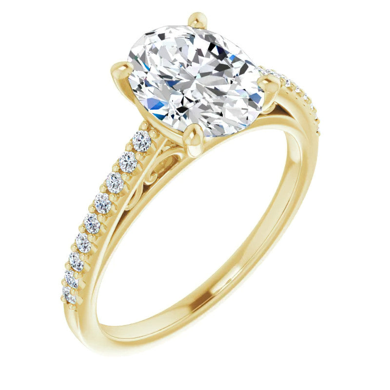 Oval Cathedral Engagement Ring with Scroll Accent