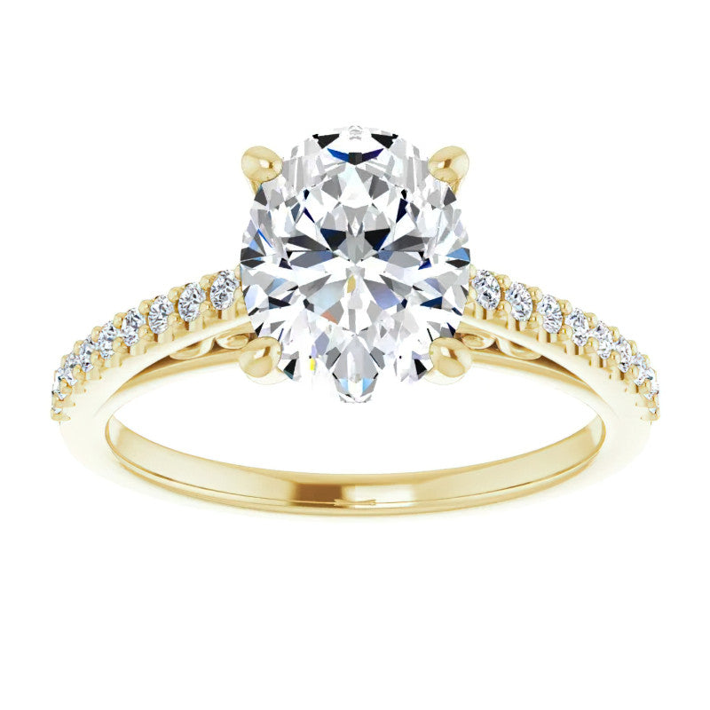 Oval Cathedral Engagement Ring with Scroll Accent