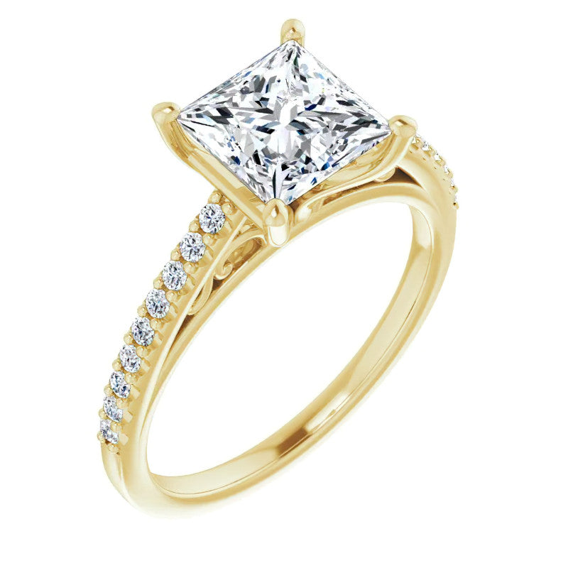 Princess cut Cathedral Engagement Ring with Scroll Accents