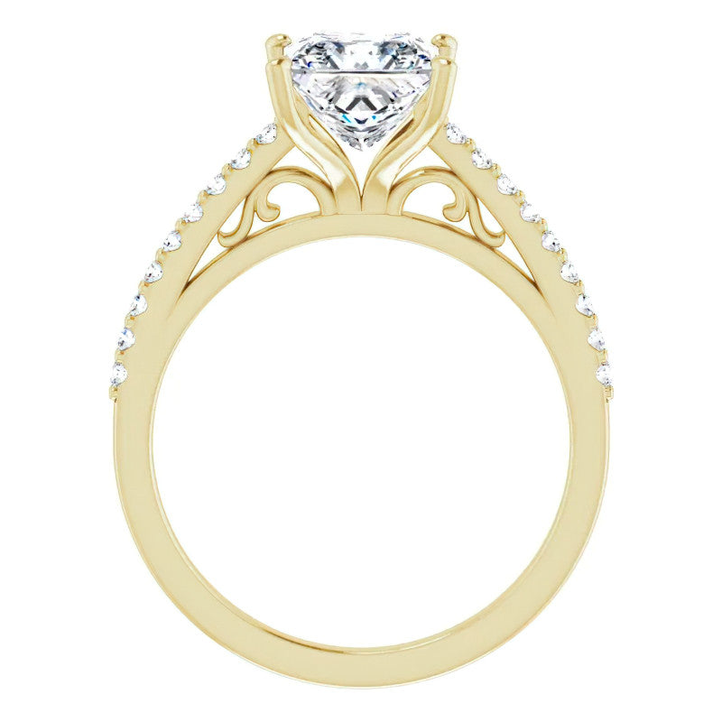 Princess cut Cathedral Engagement Ring with Scroll Accents