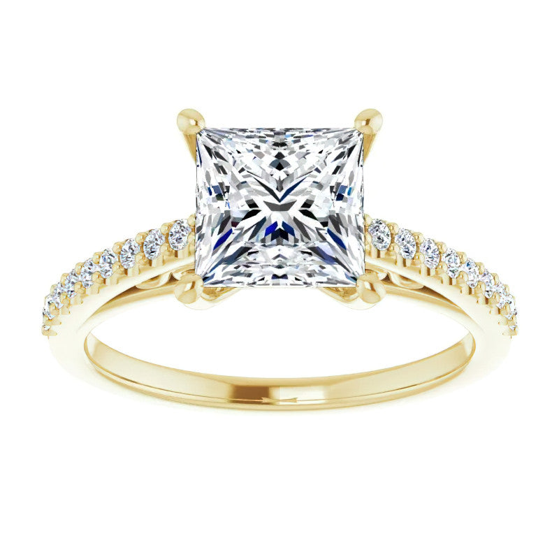 Princess cut Cathedral Engagement Ring with Scroll Accents