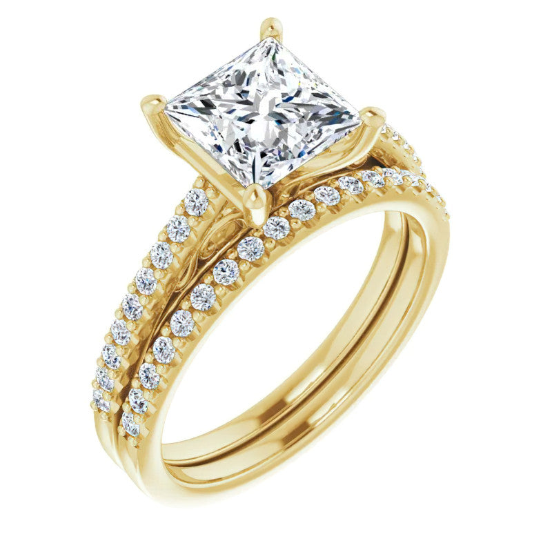 Princess cut Cathedral Engagement Ring with Scroll Accents