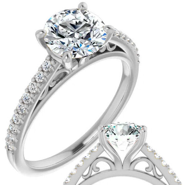 Round Cathedral Engagement Ring with Scroll Accents