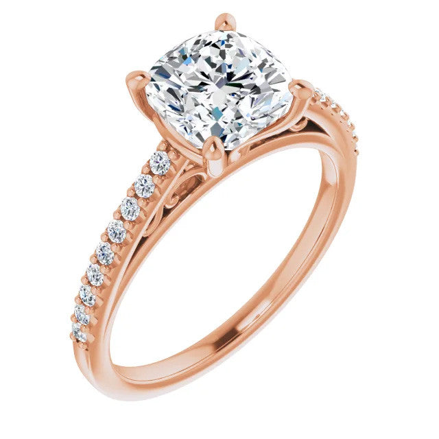 Cushion Cathedral Engagement Ring with Scroll Accents
