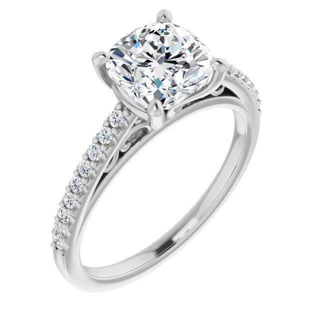 Cushion Cathedral Engagement Ring with Scroll Accents