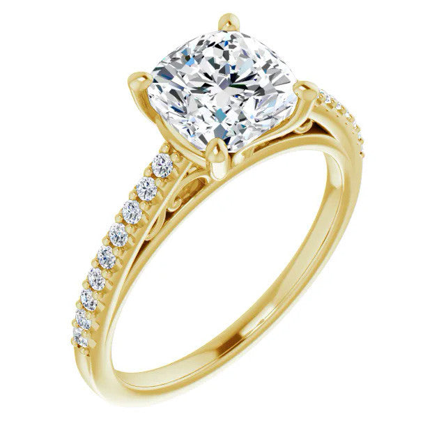 Cushion Cathedral Engagement Ring with Scroll Accents