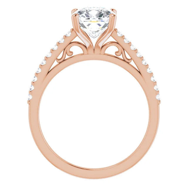Cushion Cathedral Engagement Ring with Scroll Accents