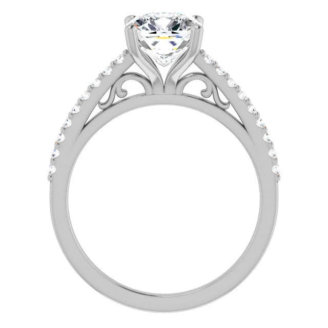 Cushion Cathedral Engagement Ring with Scroll Accents