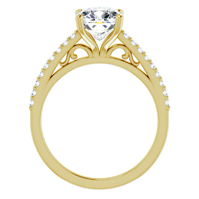 Cushion Cathedral Engagement Ring with Scroll Accents