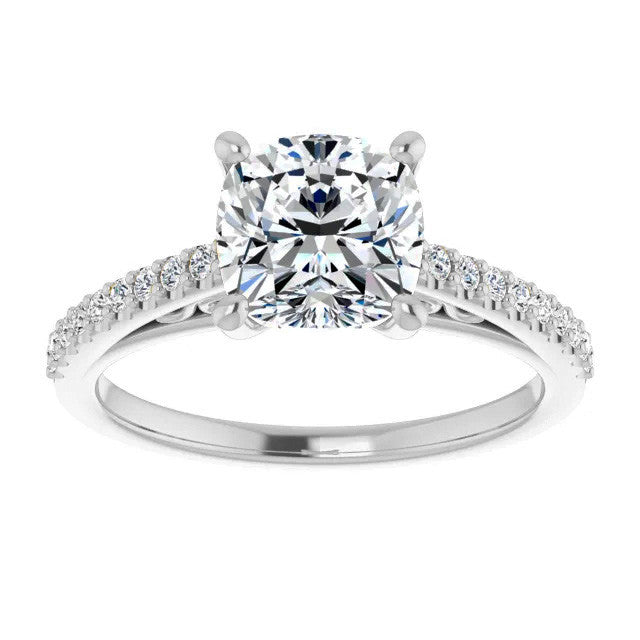 Cushion Cathedral Engagement Ring with Scroll Accents