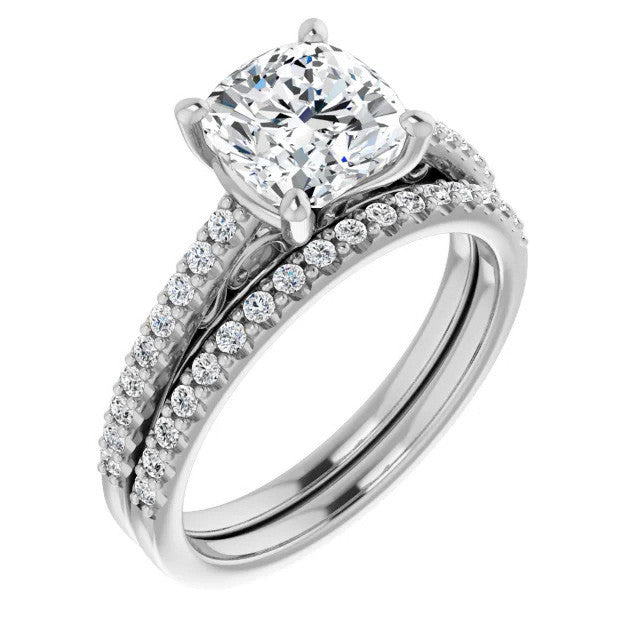 Cushion Cathedral Engagement Ring with Scroll Accents