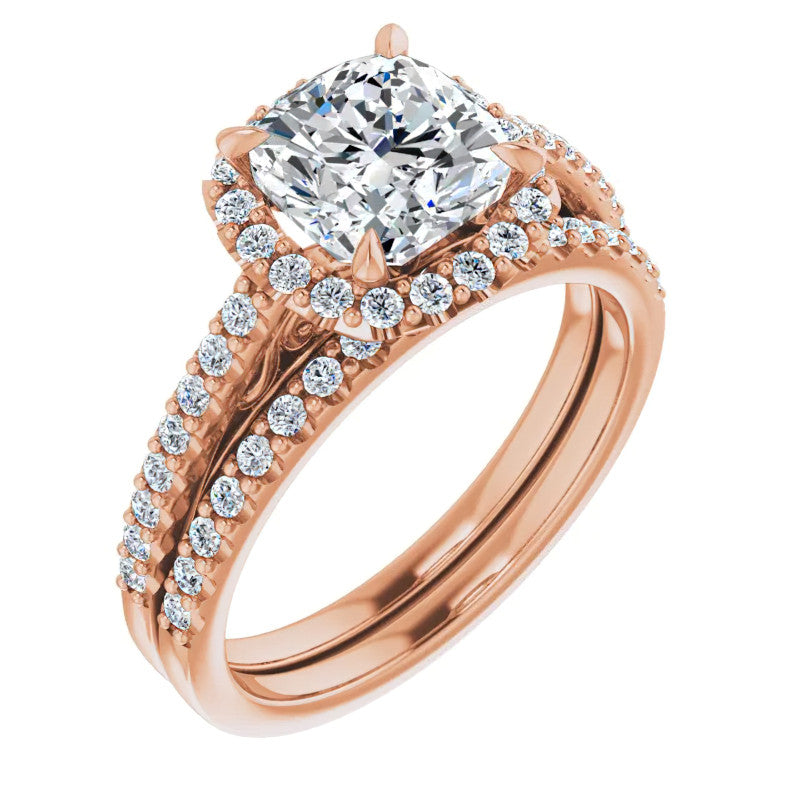 Cushion Petite Halo Moissanite Engagement Ring with Scroll Accent