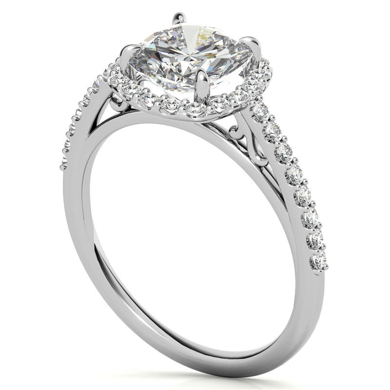 Cushion Petite Halo Moissanite Engagement Ring with Scroll Accent