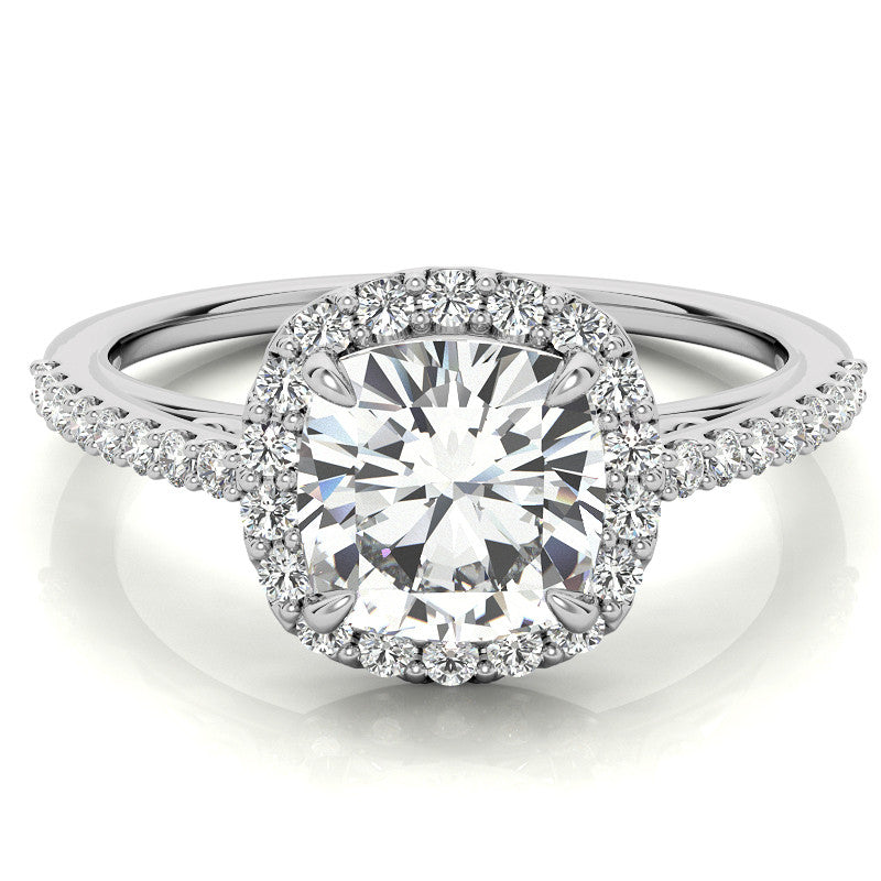 Cushion Petite Halo Moissanite Engagement Ring with Scroll Accent