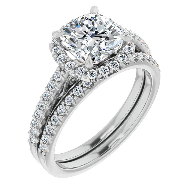 Cushion Petite Halo Moissanite Engagement Ring with Scroll Accent