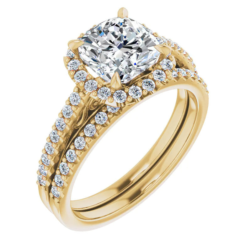 Cushion Petite Halo Moissanite Engagement Ring with Scroll Accent