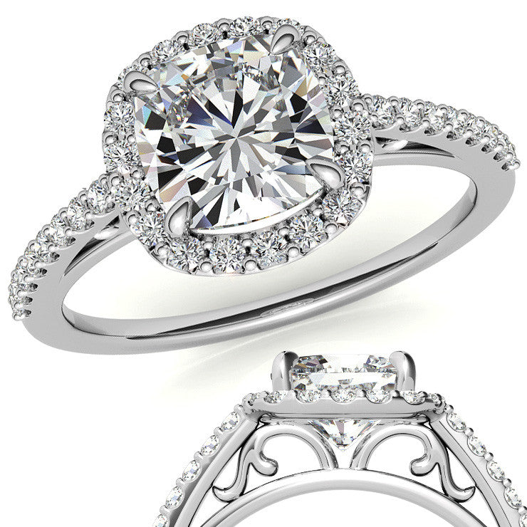 Cushion Petite Halo Moissanite Engagement Ring with Scroll Accent