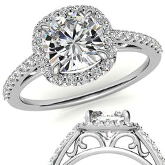 Cushion Petite Halo Moissanite Engagement Ring with Scroll Accent