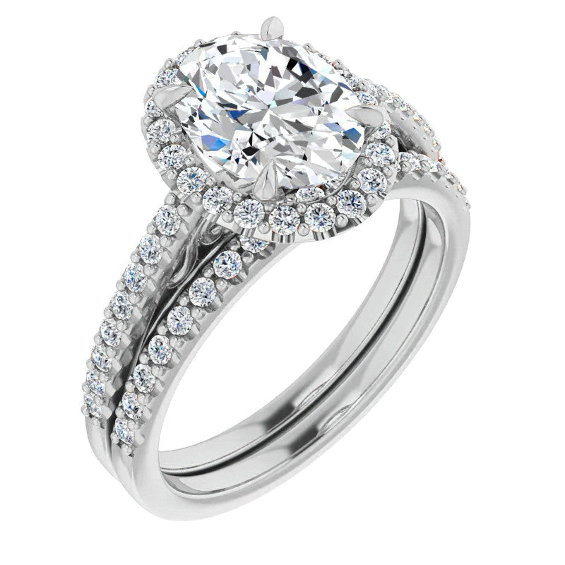 Oval Petite Halo Engagement Ring with Scroll Accent