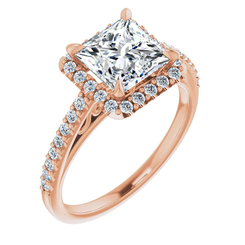 Princess cut Petite Halo Engagement Ring with Scroll Accent
