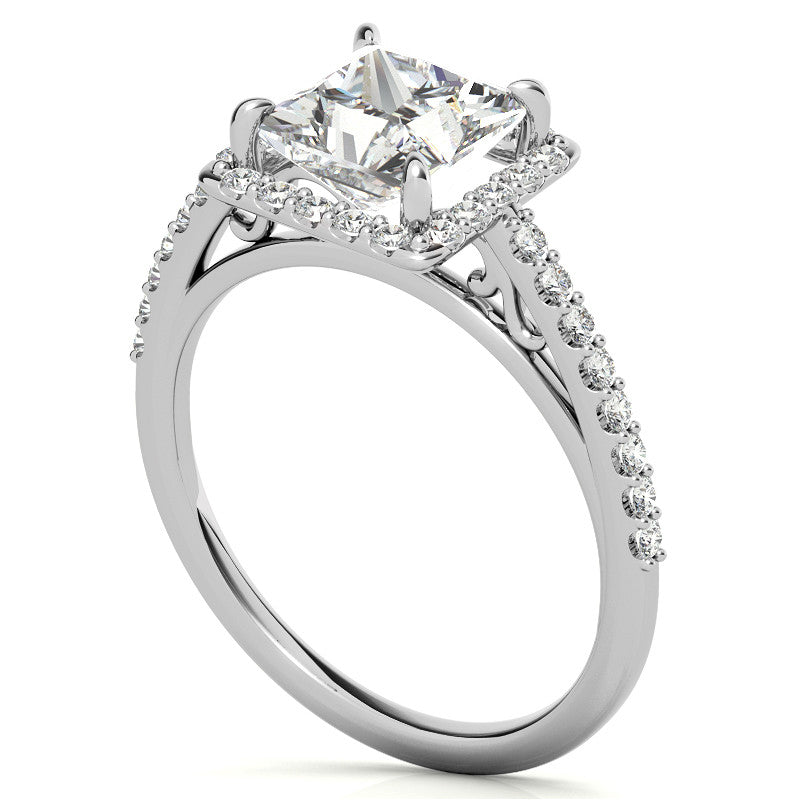 Princess cut Petite Halo Engagement Ring with Scroll Accent